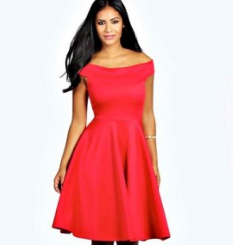 Boohoo Red off the shoulder midi dress